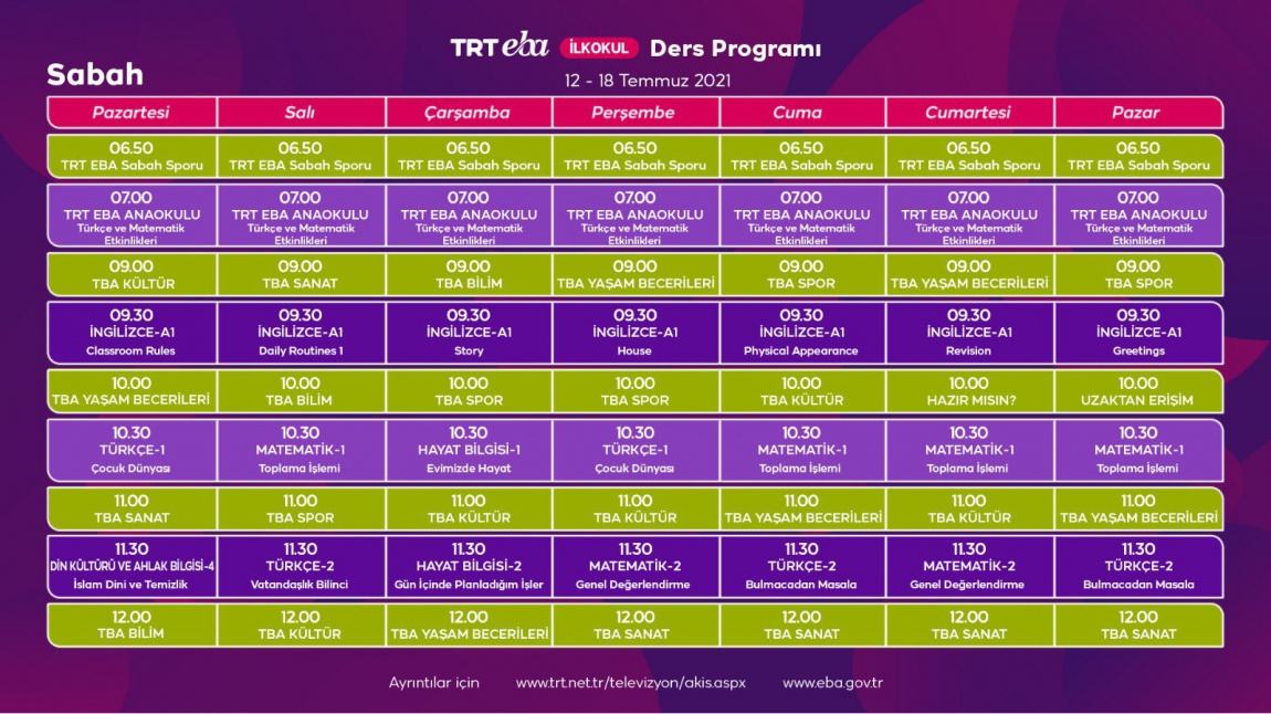 12 - 18 Temmuz TRT - EBA TV Yaz Okulu Ders Programı