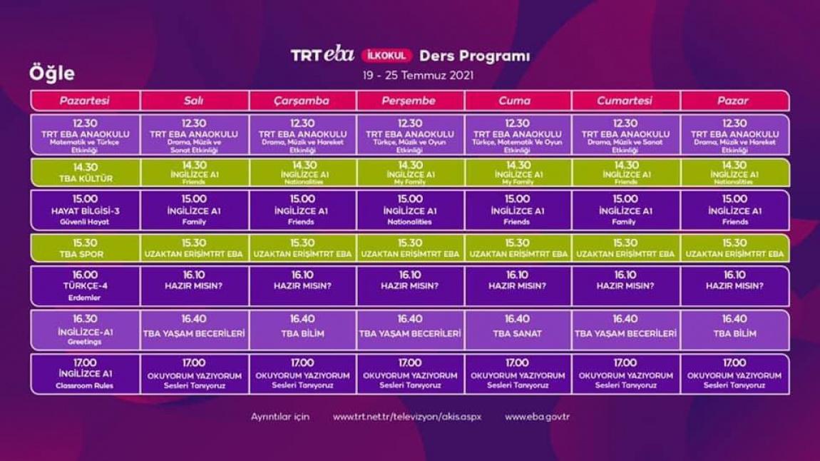 19 - 25 Temmuz TRT - EBA TV Yaz Okulu Ders Programı