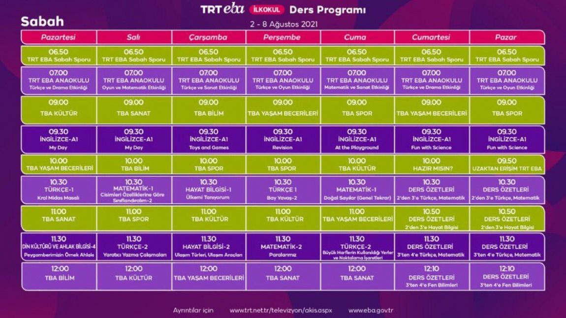 2 - 8 Ağustos TRT - EBA TV Yaz Okulu Ders Programı