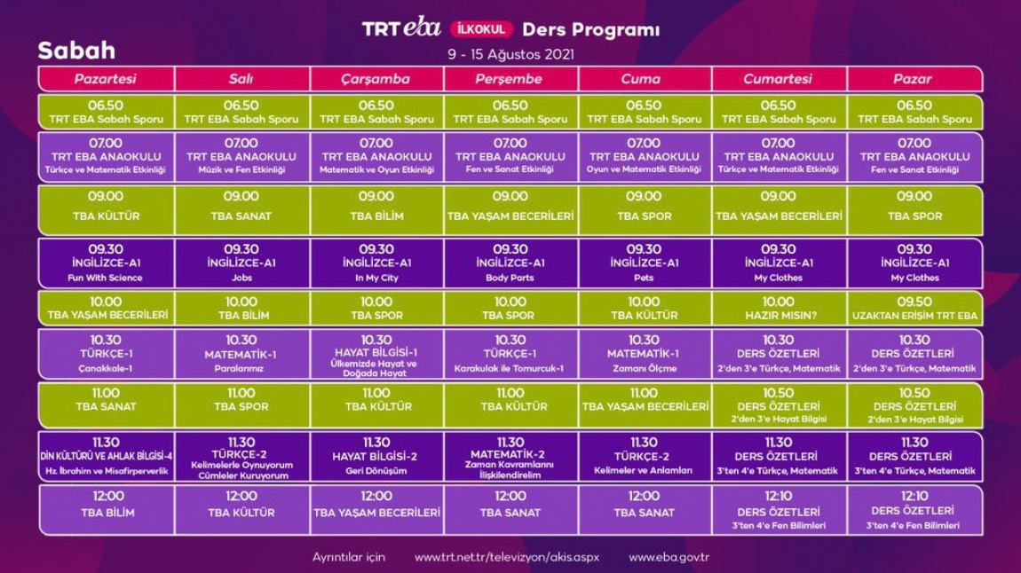 9 - 15 Ağustos TRT - EBA TV Yaz Okulu Ders Programı