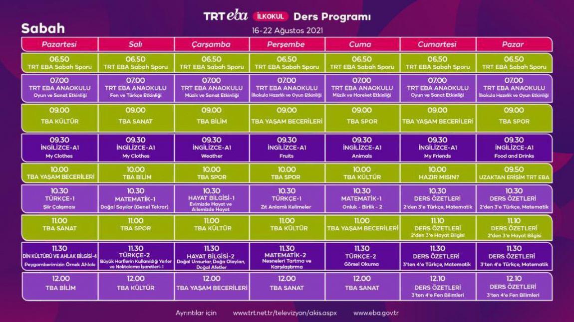 16 - 22 Ağustos TRT - EBA TV Yaz Okulu Ders Programı