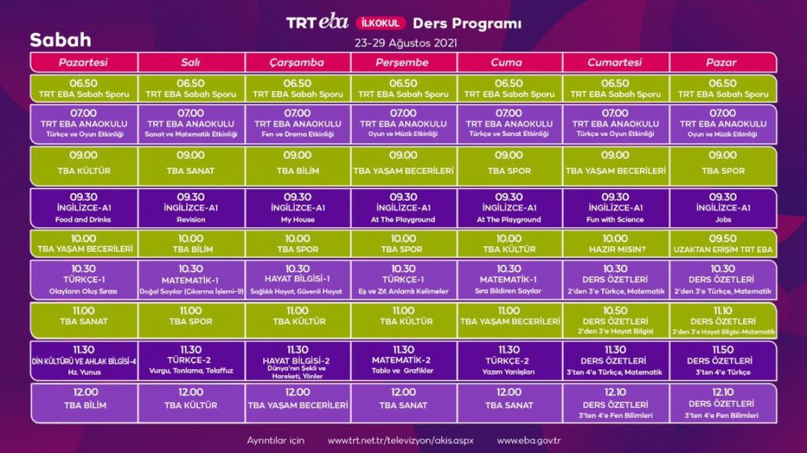 23 - 29 Ağustos TRT - EBA TV Yaz Okulu Ders Programı